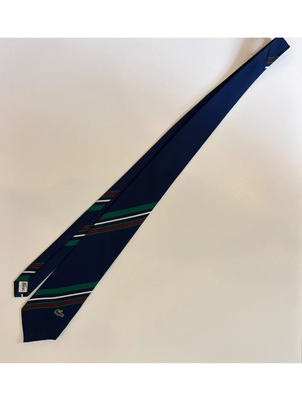 Vintage La Chemise Lacoste Silk Necktie Navy Striped Embroidered Crocodile Japan